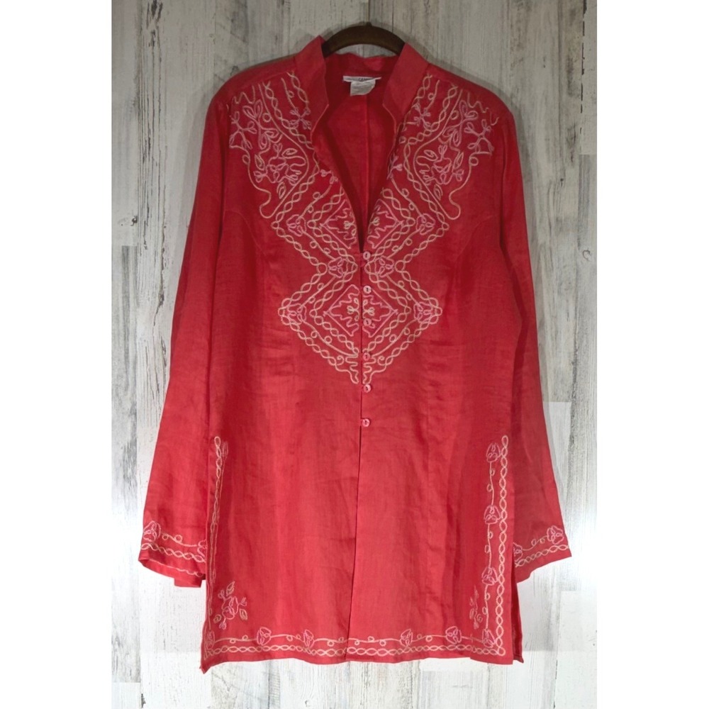 Naracamicie Tunic Coral Pink 100% Linen Embroidered Mandarin Collar Italy